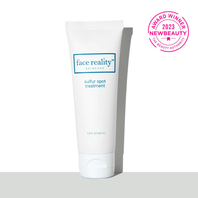 award winner 2023 new beauty sulfur spot treatment is from the face reality brand in white plastic packaging with 44ml and screw cap